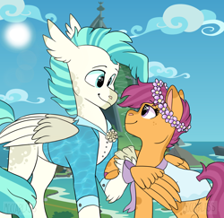 Size: 2108x2048 | Tagged: safe, artist:moccabliss, scootaloo, terramar, classical hippogriff, hippogriff, pegasus, pony, g4, bride, clothes, dress, female, floral head wreath, flower, groom, high res, holding hooves, male, mare, marriage, older, older scootaloo, older terramar, request, ship:terraloo, shipping, straight, tuxedo, wedding, wedding dress