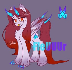 Size: 2821x2735 | Tagged: safe, artist:fleuuur, oc, oc only, original species, pony, :p, claws, cutie mark, ear fluff, facial markings, female, high res, horns, mare, obtrusive watermark, purple background, simple background, solo, tongue out, translation request, watermark