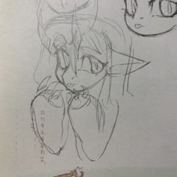 Size: 3024x3024 | Tagged: safe, artist:fleuuur, oc, oc only, pony, :p, chinese, eyebrows, eyebrows visible through hair, female, floppy ears, high res, horns, mare, pencil drawing, solo, tongue out, traditional art, translation request