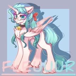 Size: 2325x2318 | Tagged: safe, artist:fleuuur, oc, oc only, oc:单子, alicorn, pony, alicorn oc, bell, bow, chest fluff, collar, ear fluff, female, glasses, hair bow, high res, horn, looking at you, mare, obtrusive watermark, ponytail, smiling, smiling at you, solo, square background, unshorn fetlocks, watermark, wings
