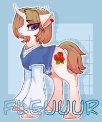 Size: 1862x2217 | Tagged: safe, artist:fleuuur, oc, oc only, pony, unicorn, chest fluff, clothes, curved horn, ear piercing, earring, horn, jewelry, lidded eyes, obtrusive watermark, piercing, shirt, solo, unicorn oc, watermark
