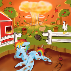 Size: 2000x2000 | Tagged: safe, artist:darksly, rainbow dash, bird, chicken, pegasus, pig, pony, g4, apple, atg 2021, burning, dirty, explosion, fence, fire, food, high res, mud, mushroom cloud, newbie artist training grounds, unamused