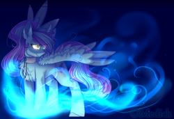 Size: 2963x2024 | Tagged: safe, artist:mediasmile666, oc, oc only, pegasus, pony, choker, female, frown, glowing eyes, heterochromia, high res, jewelry, mare, pegasus oc, pendant, solo, spread wings, unamused, wings