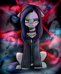 Size: 884x1080 | Tagged: safe, artist:megabait, oc, oc only, oc:lina, oc:lina firesoul, pony, chains, choker, clothes, dark, depression, floppy ears, goth, gothic, hoodie, solo, studded choker