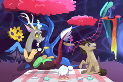Size: 1280x854 | Tagged: safe, artist:primrosepaper, discord, doctor whooves, time turner, draconequus, earth pony, pony, g4, crack shipping, cup, date, food, gay, male, origami, picnic, picnic blanket, shipping, stallion, teacup, teapot, the discord zone, whoovescord