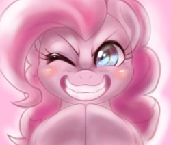 Size: 2048x1740 | Tagged: safe, artist:kurogewapony, pinkie pie, earth pony, pony, g4, blushing, close-up, evil grin, gendo pose, grin, one eye closed, smiling, solo, wink
