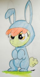 Size: 653x1244 | Tagged: safe, artist:entou, apple bloom, earth pony, pony, g4, adorabloom, animal costume, bunny bloom, bunny costume, clothes, costume, cute, easter, female, filly, holiday, solo, traditional art