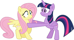 Size: 6001x3231 | Tagged: safe, artist:frownfactory, fluttershy, twilight sparkle, alicorn, pegasus, pony, g4, season 5, the hooffields and mccolts, absurd resolution, awkward, bipedal, duo, duo female, female, folded wings, horn, hug, mare, simple background, transparent background, twilight sparkle (alicorn), vector, wings