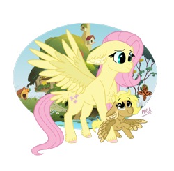 Size: 2091x2048 | Tagged: safe, artist:moccabliss, fluttershy, oc, oc:sona shy, pegasus, pony, g4, duo, female, filly, high res, mare, mother and child, mother and daughter, offspring, parent:bulk biceps, parent:derpy hooves, parent:fluttershy, parents:derpyshy, parents:flutterbulk, simple background, sperm donation, tail feathers, transparent background, unshorn fetlocks