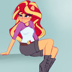 Size: 1280x1280 | Tagged: safe, artist:xjenn9, sunset shimmer, equestria girls, belt, blushing, boots, camp everfree outfits, clothes, denim shorts, dreamworks face, eyebrows, eyebrows visible through hair, female, grin, high heel boots, long hair, ponied up, pony ears, seductive, seductive pose, shoes, shorts, sitting, sketch, smiling, solo, two toned hair, yellow skin