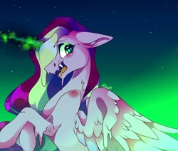 Size: 1080x915 | Tagged: safe, artist:tessa_key_, princess cadance, alicorn, pony, g4, abstract background, bust, dark magic, female, floppy ears, glowing horn, horn, magic, mare, night, open mouth, outdoors, signature, solo, stars, wings