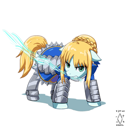 Size: 2000x2000 | Tagged: safe, artist:digiral, pony, anime, artoria pendragon, clothes, dress, fate/stay night, floppy ears, high res, magic, mouth hold, ponified, saber, simple background, solo, weapon, white background