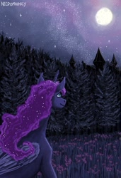 Size: 1404x2048 | Tagged: safe, artist:necromarecy, princess luna, alicorn, pony, g4, forest, full moon, moon, night, smiling, solo