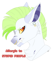 Size: 3000x3468 | Tagged: safe, artist:melodytheartpony, oc, oc only, earth pony, pony, angry, art trade, bust, chest fluff, ear piercing, fangs, gauges, green mane, grumpy, high res, male, mohawk, nose piercing, orange eyes, piercing, scar, simple background, solo, text, white background, yellow sclera