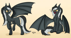 Size: 1280x693 | Tagged: safe, artist:zackwhitefang, oc, oc only, bat pony, pony, bat pony oc, bat wings, commission, cute, cute little fangs, fangs, female, hooves, mare, open mouth, simple background, sitting, solo, spread wings, tail, wings