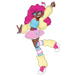 Size: 3000x3000 | Tagged: safe, artist:verryberrymochi, pinkie pie, human, g4, alternate hairstyle, belt, bracelet, clothes, dark skin, ear piercing, earring, female, grin, high res, humanized, jacket, jewelry, leg warmers, midriff, open mouth, piercing, pride, pride flag, pride socks, simple background, skirt, smiling, socks, solo, striped socks, tank top, trans female, transgender, transgender pride flag, transparent background, wristband