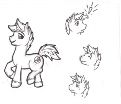 Size: 1280x1102 | Tagged: artist needed, safe, oc, oc only, oc:roger houston, pony, unicorn, male, monochrome, solo, stallion, traditional art