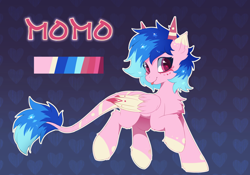Size: 4144x2901 | Tagged: safe, artist:neverend, oc, oc only, oc:momo, pony, :p, body markings, chest fluff, colored eartips, colored wings, cute, facial markings, female, heart eyes, heart mark, horns, leonine tail, looking at you, mare, raised hoof, solo, tail, tongue out, two toned wings, wingding eyes, wings
