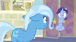Size: 1920x1080 | Tagged: safe, screencap, november rain, trixie, pony, unicorn, g4, student counsel, angry, duo, female, floppy ears, friendship student, glare, male, mare, school of friendship, stallion, wavy mouth