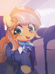 Size: 1234x1643 | Tagged: safe, artist:lexiedraw, oc, oc only, oc:fruitlines, earth pony, pegasus, pony, cabin, clothes, cute, earth pony oc, female, flight attendant, looking down, mare, not applejack, plane, solo, stewardess, uniform