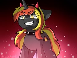 Size: 1600x1200 | Tagged: safe, artist:alex69vodka, oc, oc only, oc:java, pony, unicorn, abstract background, collar, devil horns, female, looking at you, mare, smiling, spiked collar