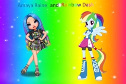 Size: 3000x2000 | Tagged: safe, artist:magical-mama, artist:sugar-loop, artist:user15432, rainbow dash, human, equestria girls, g4, amaya raine, barely eqg related, bracelet, clothes, crossed arms, crossover, duo, hand on hip, high res, jewelry, looking at you, multicolored hair, pegasus wings, ponied up, rainbow background, rainbow hair, rainbow high, sparkly background, wings