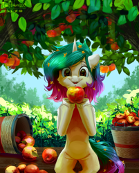 Size: 2629x3266 | Tagged: safe, artist:teaflower300, oc, oc only, pony, unicorn, apple, apple tree, female, food, herbivore, high res, horn, open mouth, solo, tree, unicorn oc