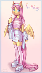 Size: 1452x2488 | Tagged: safe, artist:zefirka, fluttershy, pegasus, anthro, plantigrade anthro, g4, arm hooves, clothes, cute, female, mare, miniskirt, shoes, shyabetes, skirt, socks, solo, thigh highs, thighs