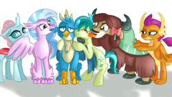 Size: 1600x900 | Tagged: safe, artist:jbond, gallus, ocellus, sandbar, silverstream, smolder, yona, changedling, changeling, classical hippogriff, dragon, earth pony, griffon, hippogriff, pony, yak, g4, assisted preening, bisexual, biting, bow, cloven hooves, colored hooves, dragoness, ear bite, eyes closed, female, gallus gets all the creatures, grooming, hair bow, lesbian, licking, male, massage, monkey swings, nuzzling, polyamory, preening, ship:gallstream, ship:ocellustream, ship:yonabar, ship:yonder, shipping, simple background, stallion, straight, student six, student six omniship, teenaged dragon, teenager, tongue out, white background