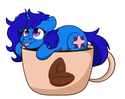 Size: 1280x1016 | Tagged: safe, artist:rokosmith26, oc, oc only, oc:delly, pony, unicorn, cheek fluff, coffee, coffee mug, commission, cup of pony, female, horn, long mane, looking up, mare, micro, mug, pink eyes, simple background, solo, tail, tongue out, transparent background, ych result