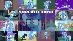 Size: 1280x721 | Tagged: safe, edit, edited screencap, editor:quoterific, screencap, pharynx, trixie, changeling, pony, unicorn, boast busters, g4, magic duel, no second prances, to change a changeling, to where and back again, alicorn amulet, bipedal, cape, clothes, collage, cup, duo, evil trixie, female, gritted teeth, hat, hissing, male, night, open mouth, school of friendship, shocked, stick, teacup, teeth, trixie's cape, trixie's hat, twilight's castle