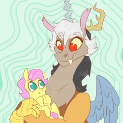 Size: 2000x2000 | Tagged: safe, artist:smirk, discord, fluttershy, draconequus, pegasus, pony, g4, abstract background, baby, baby pony, butterscotch, duo, eris, female, high res, looking at each other, rule 63