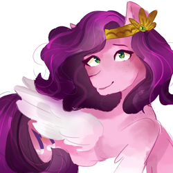 Size: 1000x1000 | Tagged: safe, artist:lunnaroses, pipp petals, pegasus, pony, g5, female, freckles, looking at you, mare, raised hoof, simple background, smiling, solo, white background