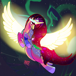 Size: 3000x3000 | Tagged: safe, artist:umbrapone, oc, oc only, oc:galactic, alicorn, pony, aurora borealis, backlighting, complex background, ethereal mane, galaxy mane, glowing eyes, glowing horn, glowing wings, gradient lineart, high res, horn, radiance (thing), shading, solo, stars, wings