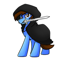 Size: 1240x1240 | Tagged: safe, artist:sugar morning, oc, oc only, oc:pegasusgamer, pegasus, pony, derpibooru community collaboration, badass, cloak, clothes, looking at you, simple background, sword, transparent background, weapon