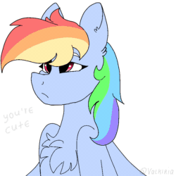 Size: 768x768 | Tagged: safe, artist:valkiria, rainbow dash, pegasus, pony, g4, animated, animation error, baka, blushing, chest fluff, cute, dashabetes, ear flick, frame by frame, gif, i'm not cute, offscreen character, simple background, solo, tsunderainbow, tsundere, white background, wingding eyes, wings