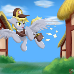 Size: 1280x1280 | Tagged: safe, artist:joaothejohn, derpy hooves, pegasus, pony, g4, derpy being derpy, floppy ears, looking back, mailbag, mailmare, oops my bad, satchel, solo