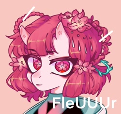 Size: 1999x1880 | Tagged: safe, artist:fleuuur, oc, oc only, pony, braid, bust, cherry blossoms, clothes, ear fluff, eyebrows, eyebrows visible through hair, flower, flower blossom, horns, obtrusive watermark, portrait, solo, watermark