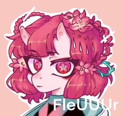 Size: 1999x1880 | Tagged: safe, alternate version, artist:fleuuur, oc, oc only, pony, braid, bust, cherry blossoms, clothes, ear fluff, eyebrows, eyebrows visible through hair, flower, flower blossom, horns, obtrusive watermark, portrait, solo, watermark