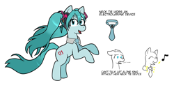 Size: 1738x894 | Tagged: safe, artist:scraggleman, earth pony, pony, accessory, anime, hatsune miku, headcanon, headphones, necktie, pigtails, solo, text, vocaloid