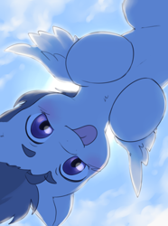 Size: 2928x3943 | Tagged: safe, artist:aquoquoo, rumble, pegasus, pony, g4, :p, colt, cute, flying, high res, looking at you, male, rumblebetes, sky, solo, spread wings, sun, tongue out, wings
