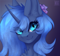 Size: 2304x2160 | Tagged: safe, artist:elektra-gertly, princess luna, alicorn, pony, g4, chest fluff, cute, ear fluff, eye clipping through hair, female, flower, flower in hair, high res, looking at you, lunabetes, mare, smiling, smiling at you, solo