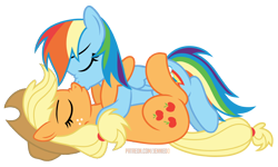 Size: 1200x720 | Tagged: safe, artist:jennieoo, applejack, rainbow dash, earth pony, pegasus, pony, g4, duo, eyes closed, female, kiss on the lips, kissing, lesbian, mare, on top, ship:appledash, shipping, show accurate, simple background, transparent background