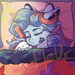 Size: 2048x2048 | Tagged: safe, artist:fleuuur, oc, oc only, original species, pony, bed, ear fluff, facial markings, female, high res, mare, multiple ears, obtrusive watermark, pillow, sleeping, solo, watermark