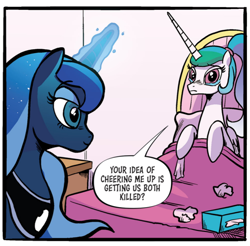 Size: 742x729 | Tagged: safe, idw, princess celestia, princess luna, alicorn, pony, g4, spoiler:comic, spoiler:comic98, alternate hairstyle, bed, cropped, cropped comic, crying, out of context, sad, sadlestia, speech bubble, teary eyes, tissue, tissue box