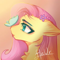 Size: 2048x2048 | Tagged: safe, artist:fleuuur, fluttershy, butterfly, pegasus, pony, g4, bust, chest fluff, cute, daaaaaaaaaaaw, ear fluff, female, flower, flower in hair, high res, mare, no nose, obtrusive watermark, portrait, shyabetes, solo, watermark