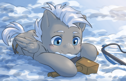 Size: 5475x3544 | Tagged: safe, artist:aquoquoo, chipcutter, pegasus, pony, g4, absurd resolution, cloud, colt, foal, hammer, lying down, lying on a cloud, male, on a cloud, prone, solo