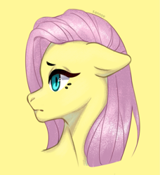 Size: 1239x1356 | Tagged: safe, artist:sannoe, fluttershy, pegasus, pony, g4, bust, female, floppy ears, frown, mare, portrait, sad, simple background, solo, yellow background