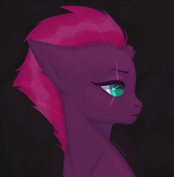 Size: 1632x1656 | Tagged: safe, artist:sannoe, tempest shadow, pony, unicorn, g4, black background, broken horn, bust, eye scar, female, frown, horn, mare, portrait, scar, simple background, solo