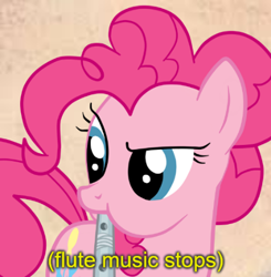 Size: 434x443 | Tagged: safe, pinkie pie, earth pony, pony, g4, my little pony: friendship is magic, swarm of the century, exploitable meme, female, flute, jazz music stops, mare, meme, musical instrument, solo